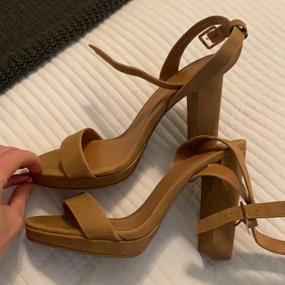Brown suede strappy ankle heel. SZ 8.5